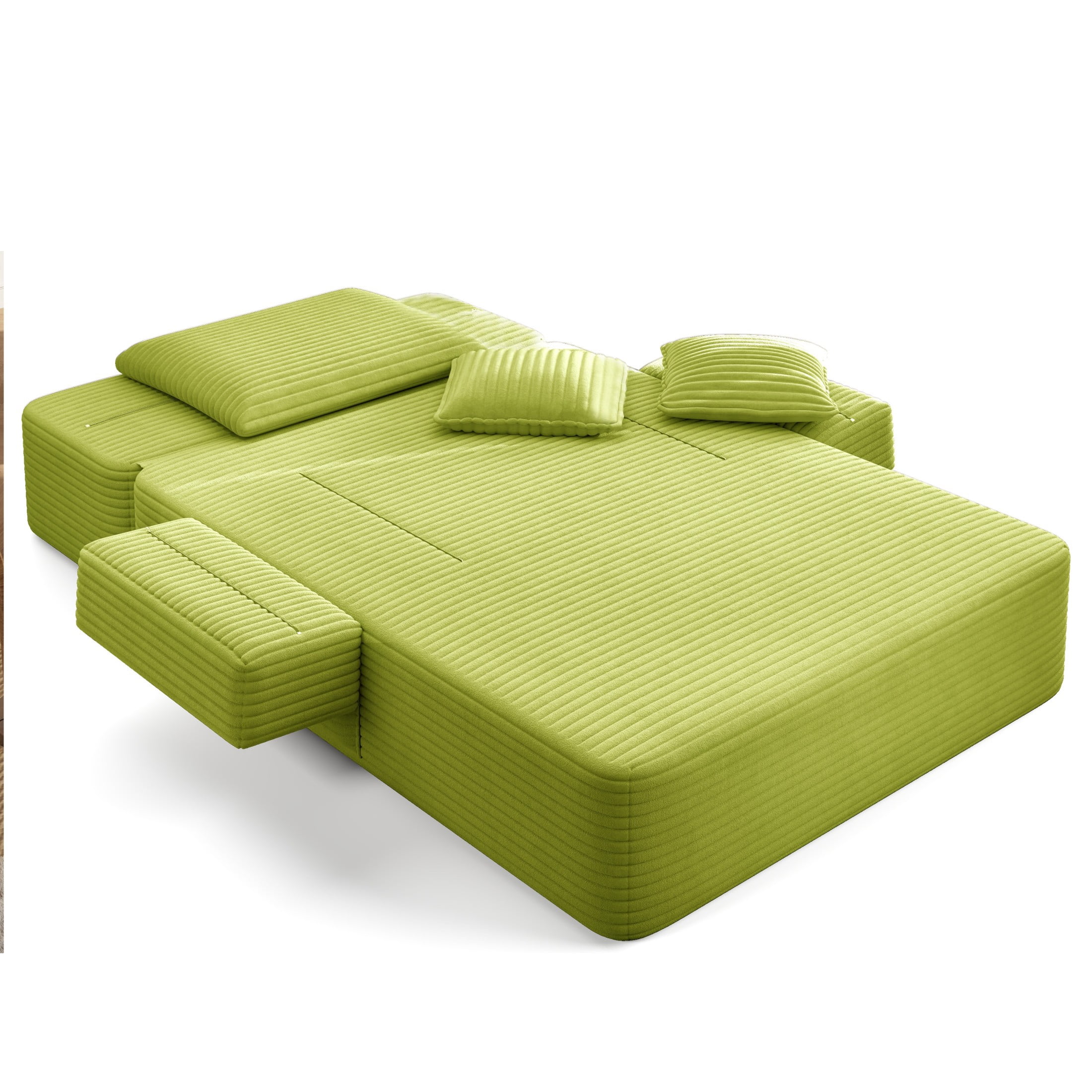 Aukfa Oversized Corduroy Chaise Lounge Chair, Convertible Boneless Sleeper Sofa Bed with 3 Pillows&Storage Pockets, Apple Green