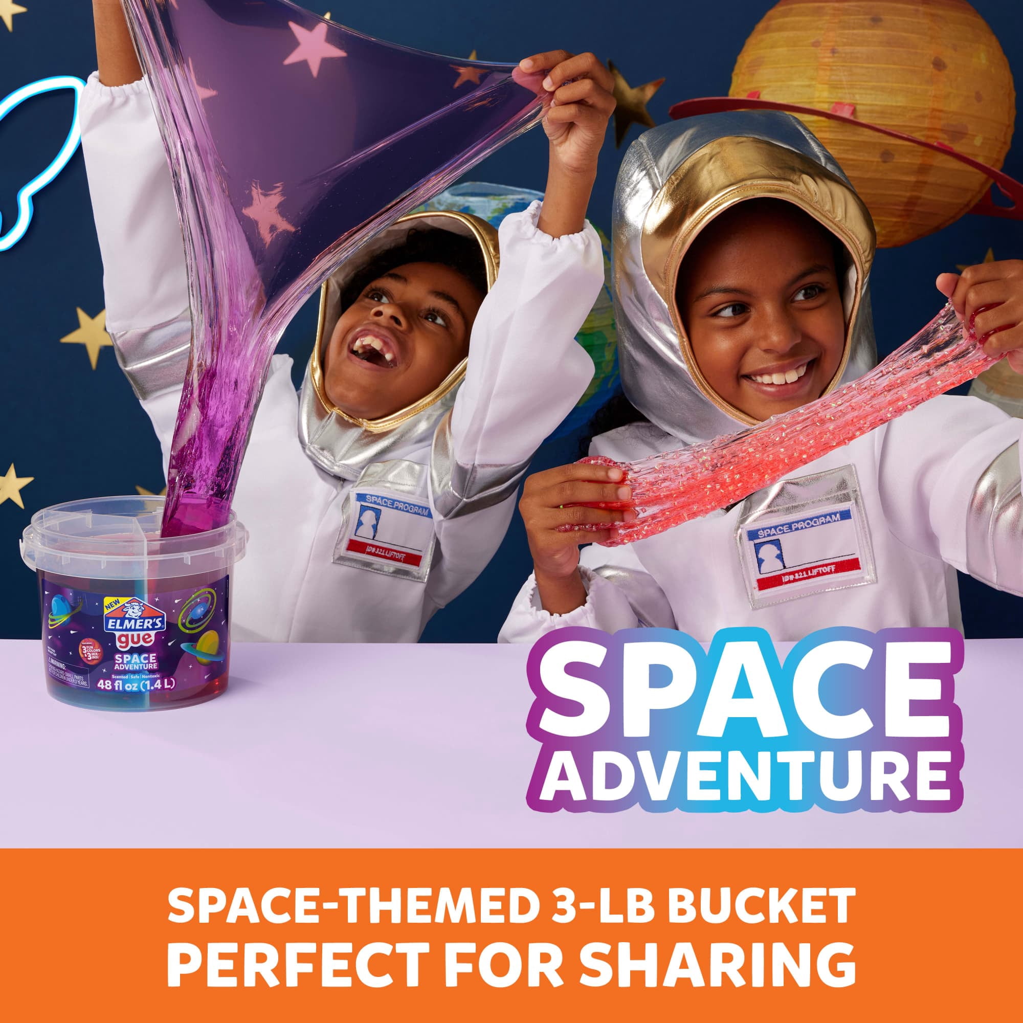 Elmer’s Gue Premade Slime Bucket, Space Adventure Theme, 3 lb. Bucket with 3 Types of Slime and 3 Sets of Add-Ins, Multi Color