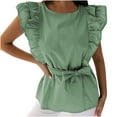 thumbnail image 2 of Summer Saving Wycnly Womens Shirts Casual Solid Ruffle Sleeve Tunic Tee Tops with Belt Summer Short Sleeve Crewneck Ladies Plain Tops and Blouses Green s, 2 of 7
