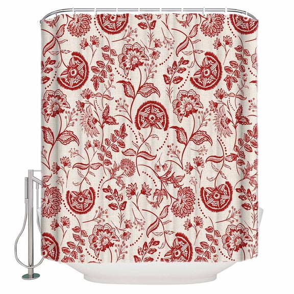 Farmhouse Red Floral Shower Curtain, 48" x 72", Linen Boho Flower Rustic Country Waterproof Bathroom Curtain Washable Shower Curtain Set with 12 Hooks