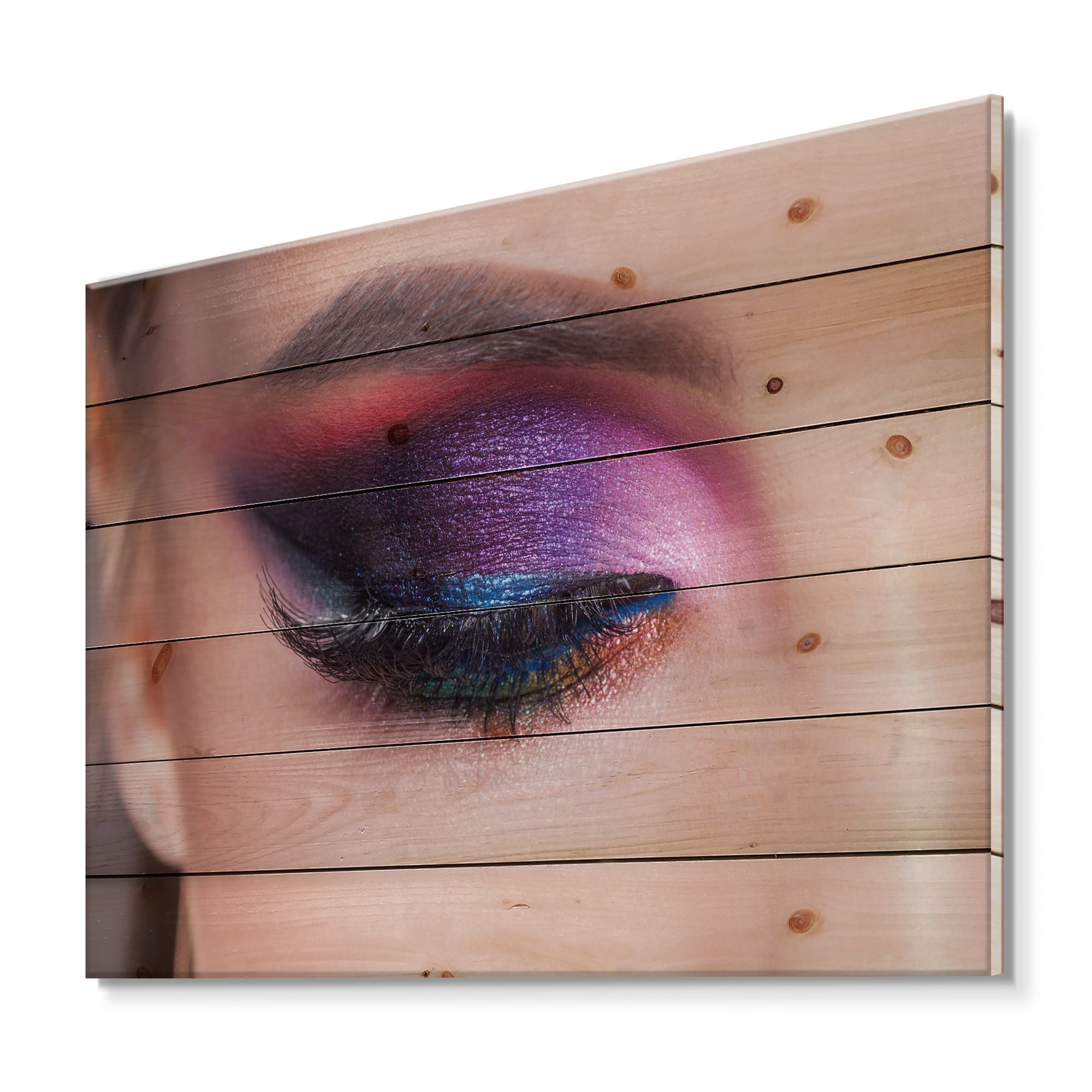 Designart 'Bright Eye Makeup In Luxurious Blue And Pink Shades' Modern Print on Natural Pine Wood