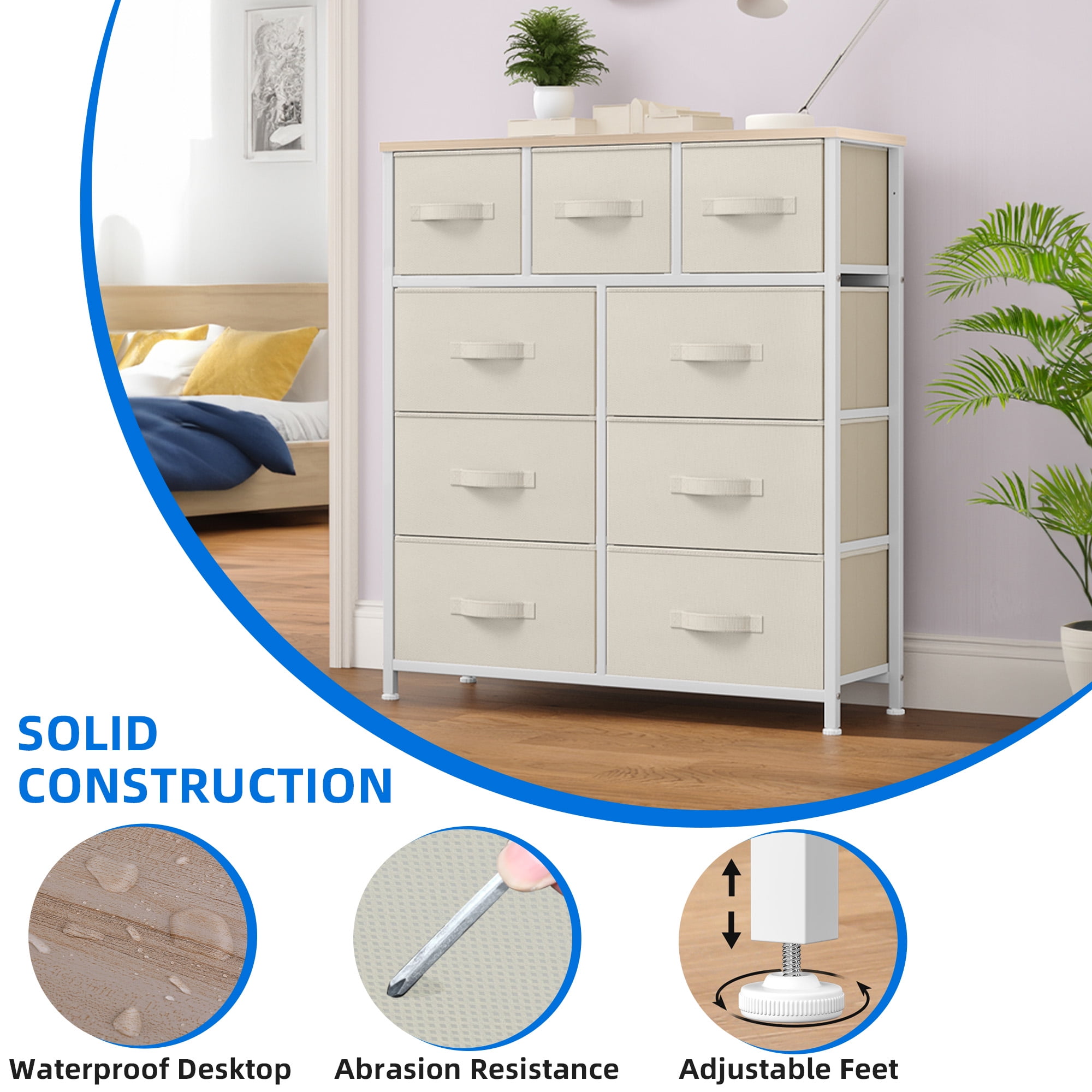 Uforic 9-Drawer Storage Dresser with Metal Frame & Wooden Top for and Living Room for Adults, White