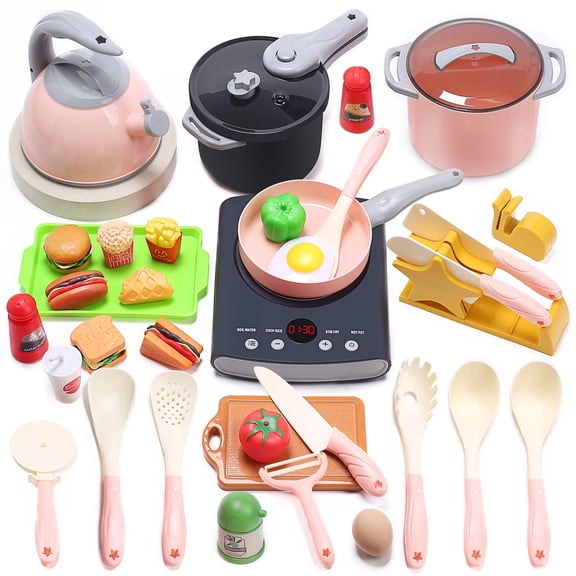 CUTE STONE Kids Pretend Play Kitchen Accessories Set with Toy Cooktop, Pots & Pans, Play Food and Utensils, Cooking Role Play Toy with Light & Sound for Boys & Girls