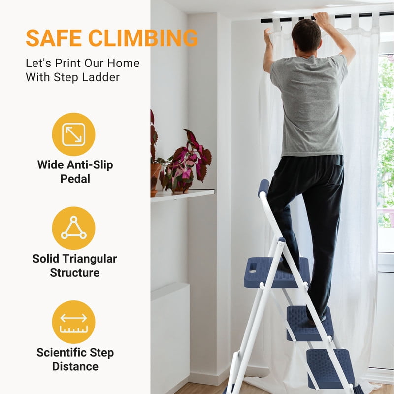 Gianna Step Ladder, 3 Step Stool Foldable with Anti-Slip Pedal & Comfortable Handrail, 800lbs Capacity Sturdy Steel Ladder, Portable Heavy Duty Step Stool for Kitchen, Garage & Outdoor Use, Blue