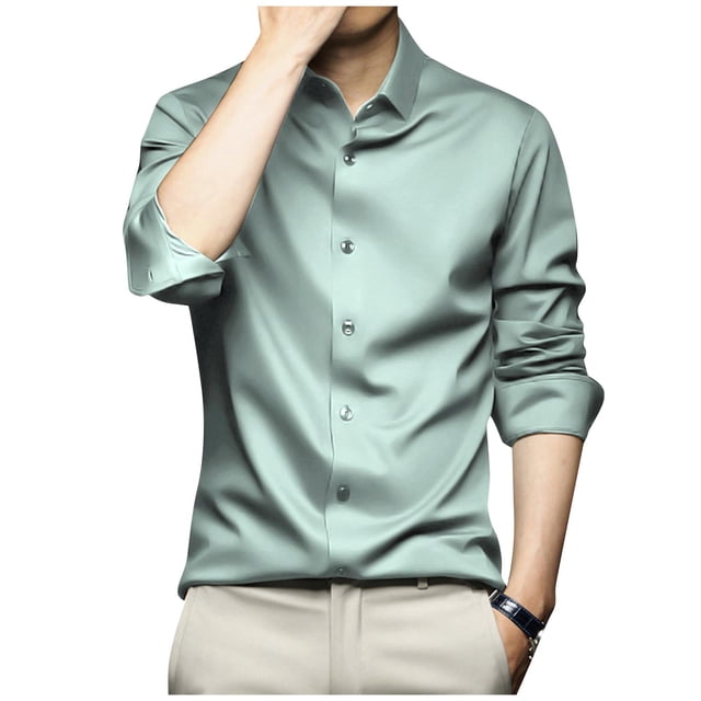 LOVZFMLL Men's Shirts, Solid Satin Button-Down Shirt, Fashion Essential Versatile for Work Business, V-Neck Relaxed Fit Long Sleeve Fall Clothes