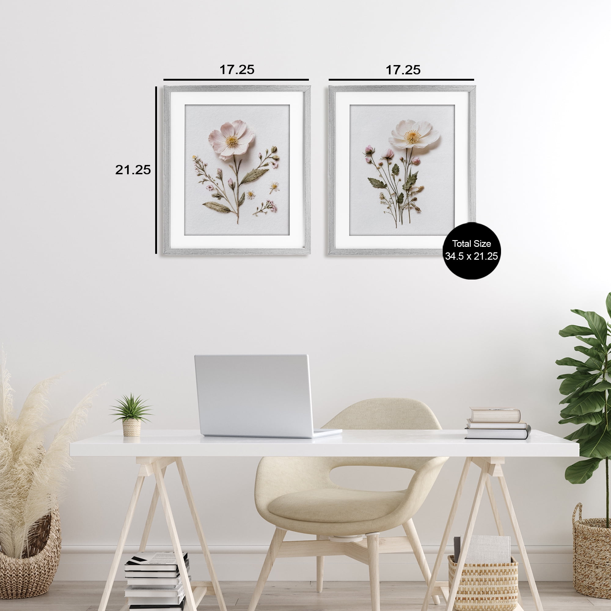Minimal Pressed Flowers 2 Piece Gray Framed Print Under Glass Set, design by Lettered and Lined