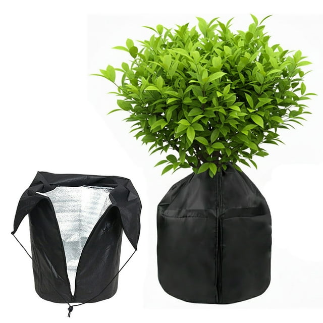 45x50cm Black Reusable Frost Protection Cover with Drawstring & Rope Lock - PP Material Plant Insulation Bag for Small/Medium Shrubs, Potted Trees, Outdoor Plants - Aluminum Film Lined for Winter