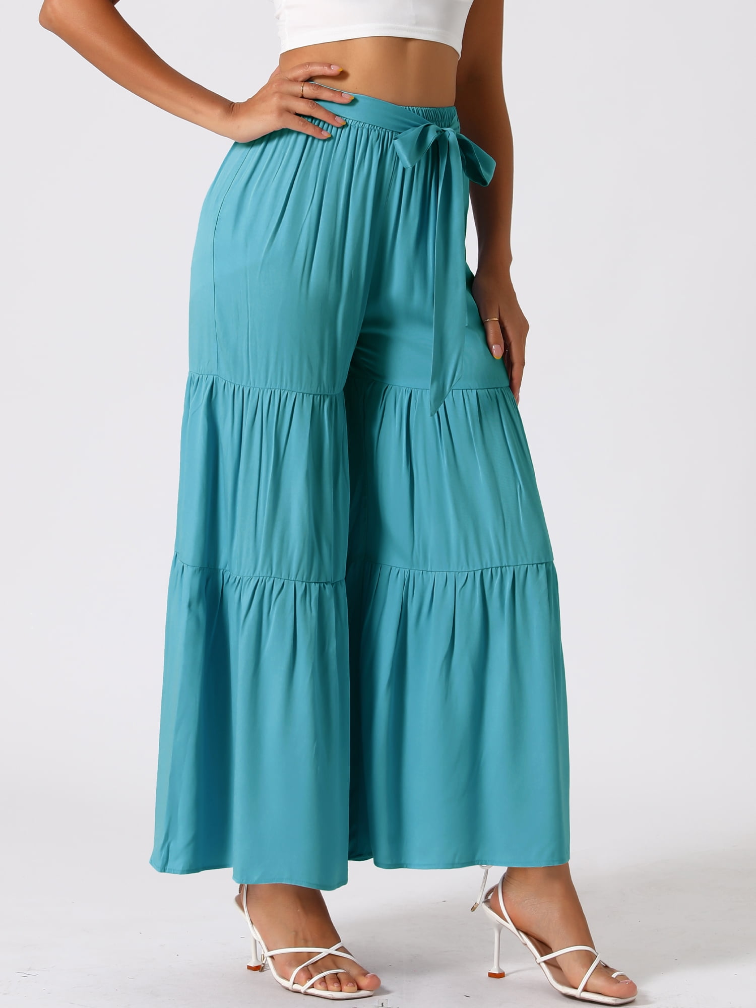 DARING DIVA Women's Boho Elastic High Tie Belt Ruffle Hem Palazzo Pants L Lake Blue