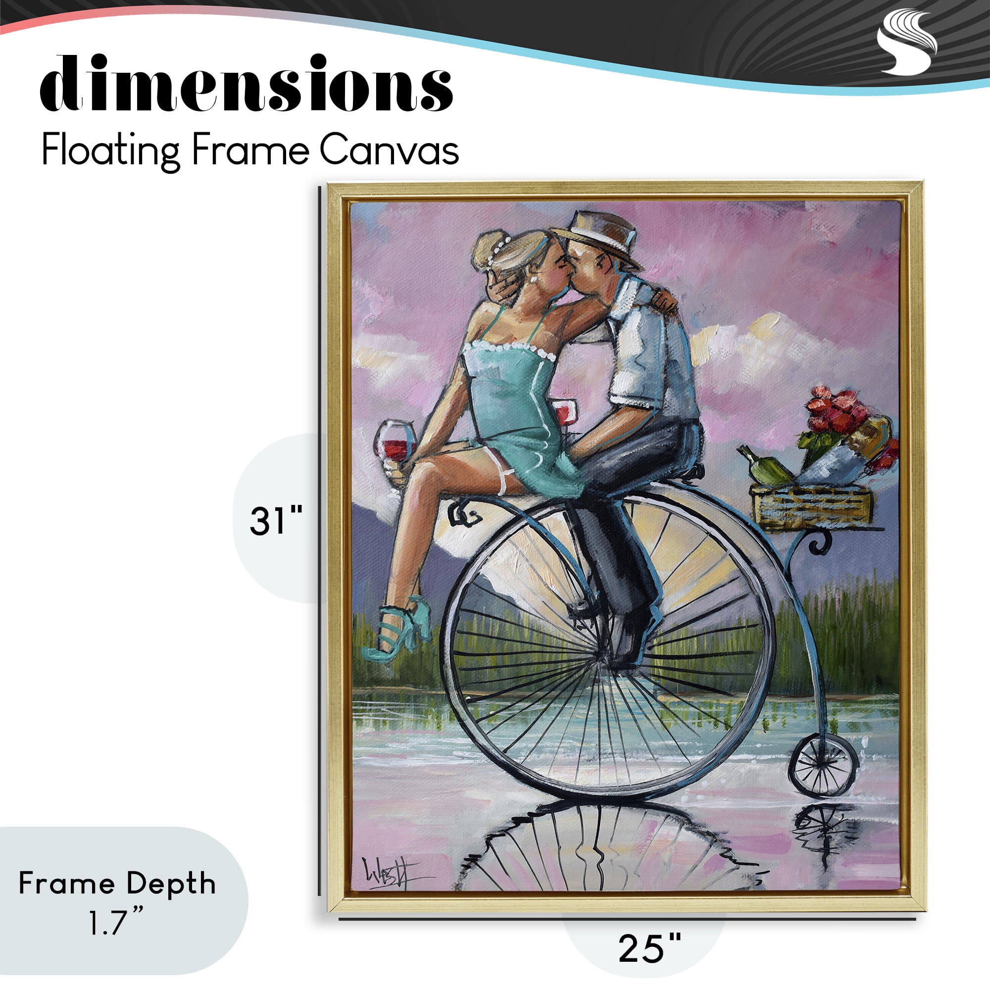 Stupell Industries Romantic Picnic on Bicycle Gold Framed Floater Canvas Wall Art, design by Ronald West