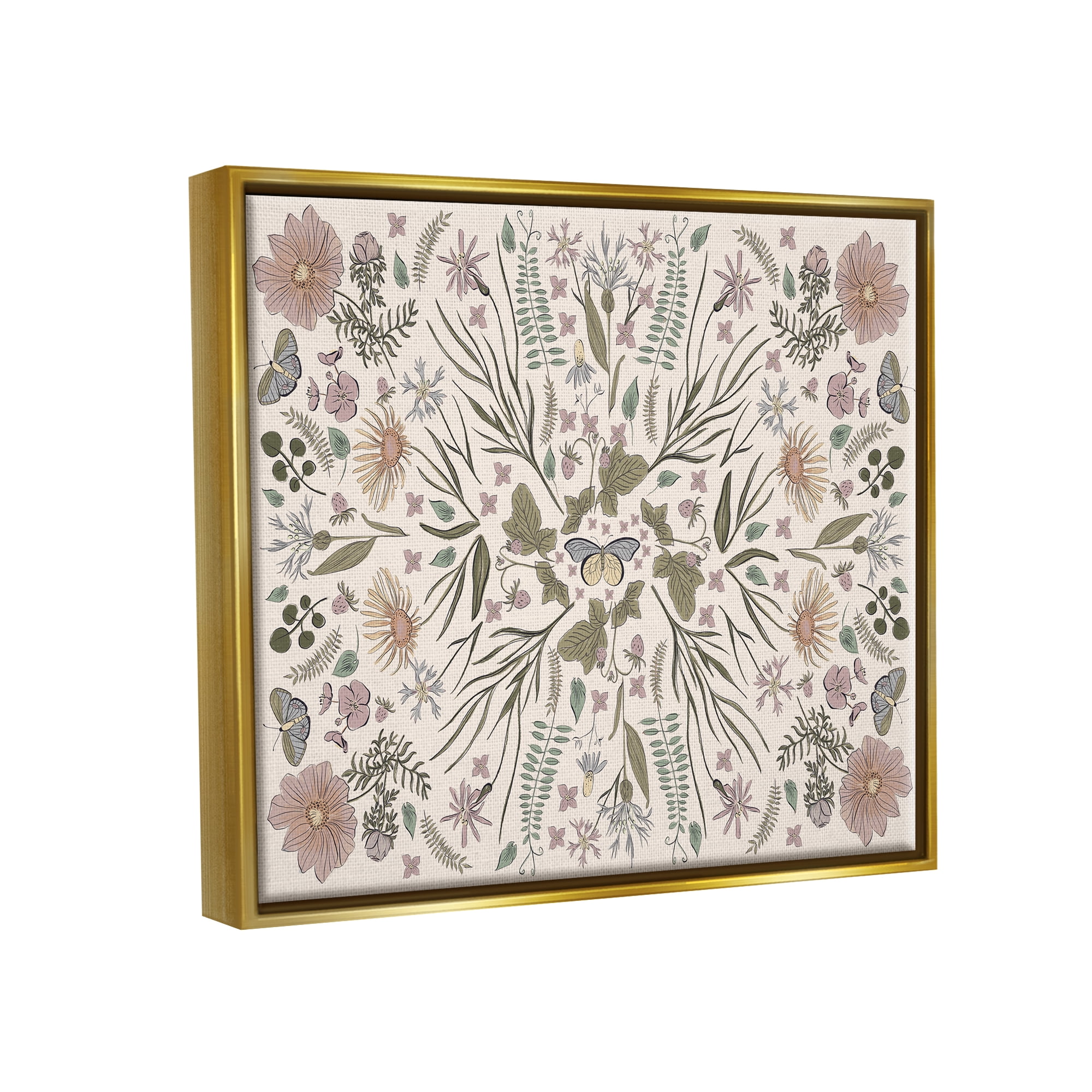 Stupell Industries Delicate Botanical Pattern Intricate Butterfly Insects Motif Graphic Art Metallic Gold Floating Framed Canvas Print Wall Art, Design by Birgit Maria Kiennast
