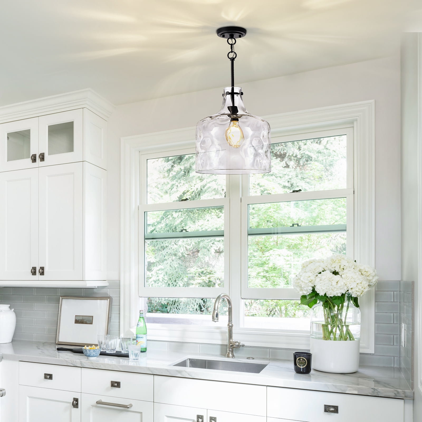 Extra Large 16" Vintage Farmhouse Pendant Light – Hand-Blown Clear Hammered Glass Shade, Adjustable Chain Hanging Light for Kitchen Island, Hallway, Dining Room, Chrome