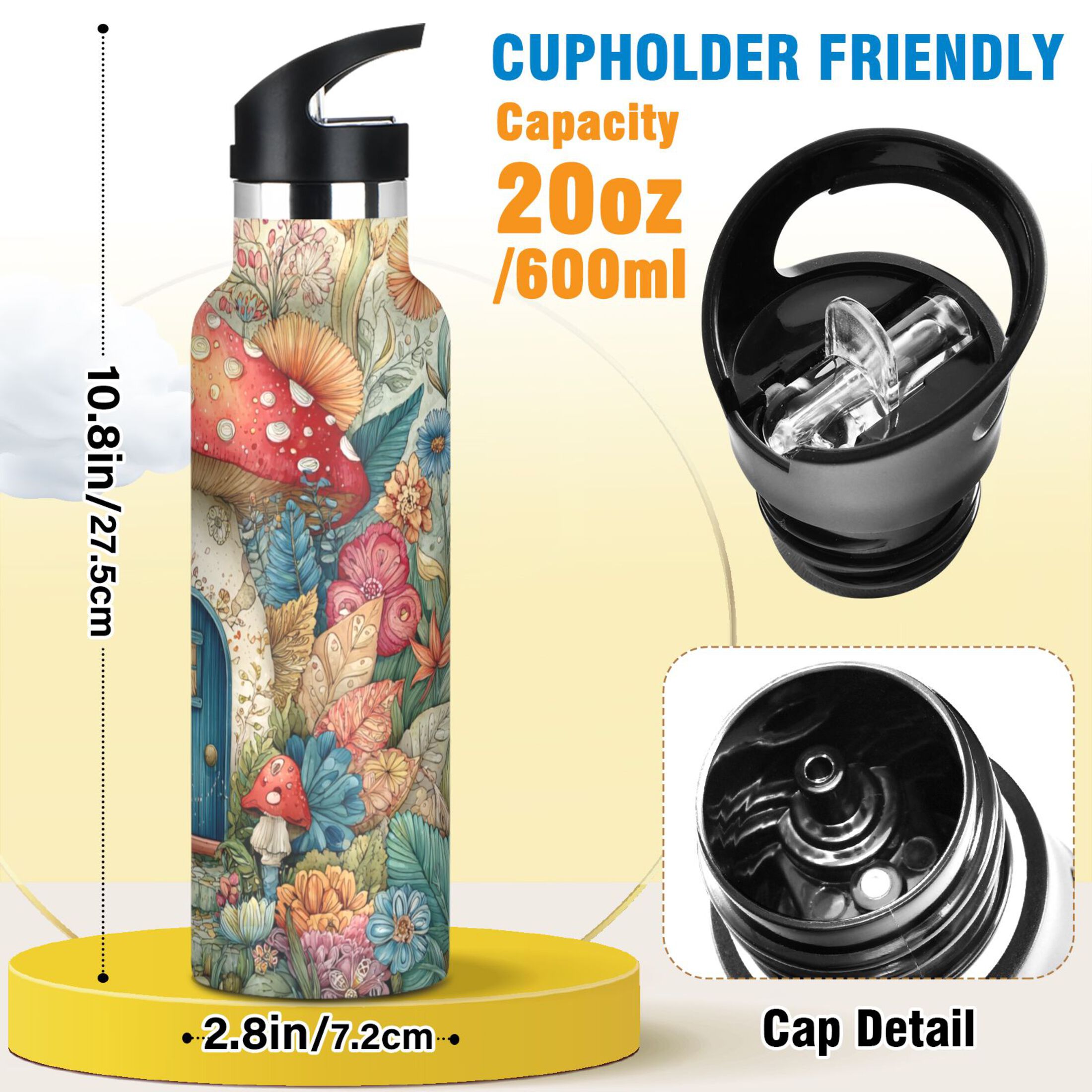 Kids Insulated Stainless Steel Sports Water Bottle 600ml (20oz) Cute Mushroom House