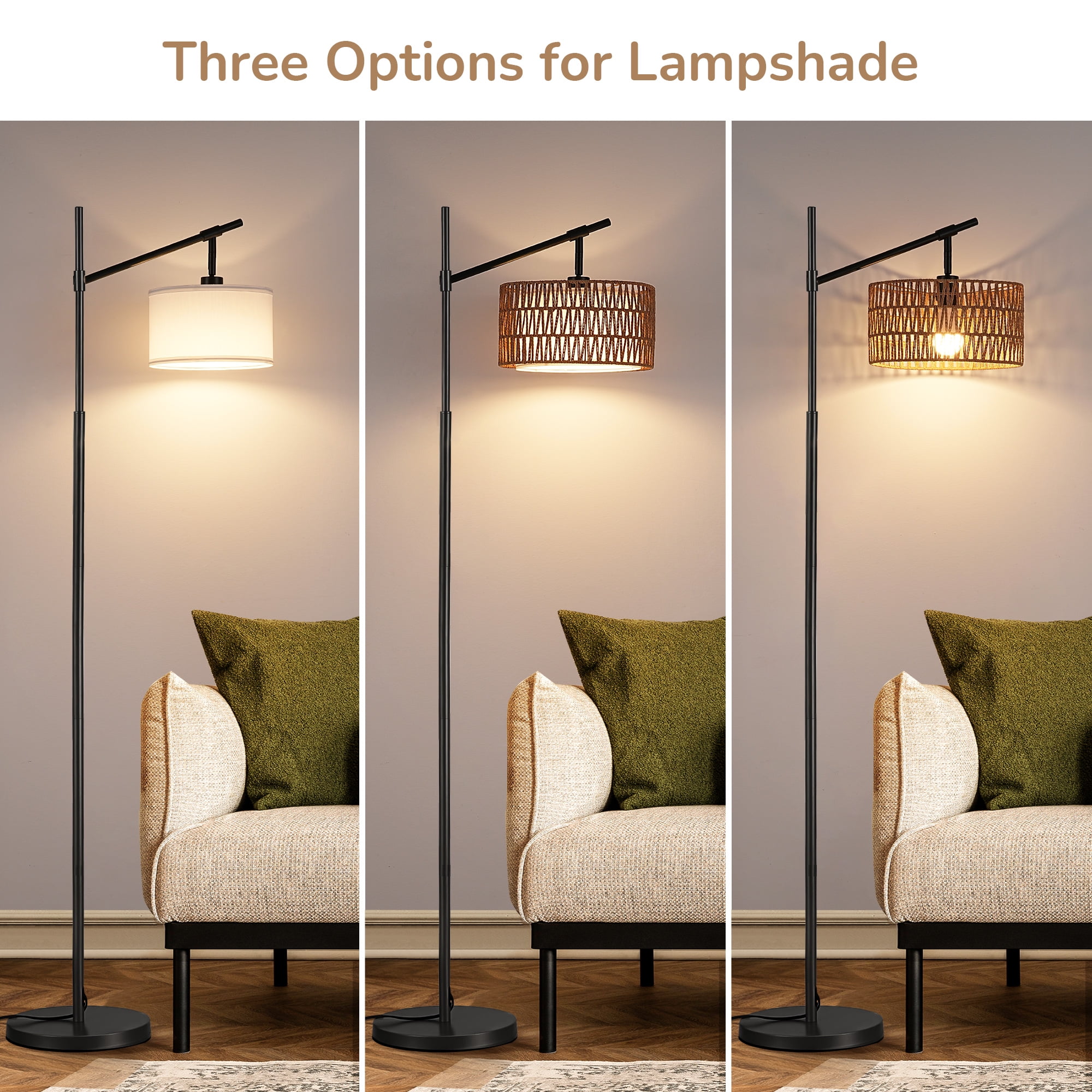 EDISHINE Rattan Floor Lamps with Remote for Living Room, Black Standing Lamp with Rattan & Fabric Double Drum Shade, Boho Farmhouse Tall Lamp for Bedroom, With LED Light Bulb.