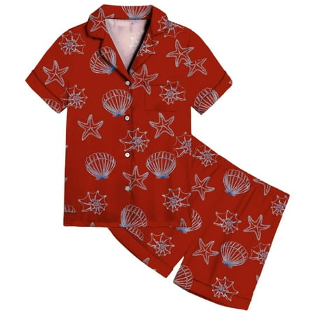 NAFUU Girls Christmas Outfits Kids Satin Outfit Sets Ocean Themed Print Short Sleeve Sleep Clothing Girl s Button Down Shirt and Shorts Suit Outfit 8-9 Years