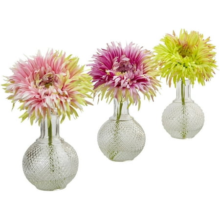 3 Daisies - Nearly Natural Daisy with Glass Vase, Set of 3