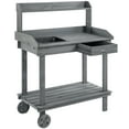 thumbnail image 2 of Outsunny 36'' Wooden Potting Bench Work Table with 2 Removable Wheels, Sink, Drawer & Large Storage Spaces, Gray, 2 of 9