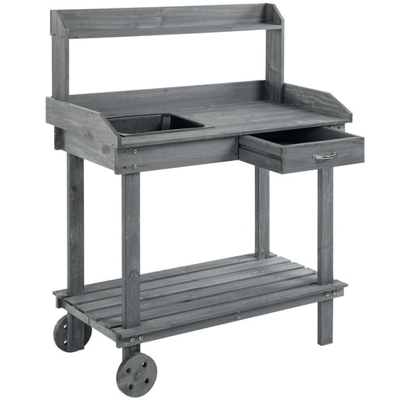 Zateety 36'' Wooden Potting Bench Work Table with 2 Removable Wheels, Sink, Drawer & Large Storage Spaces, Gray