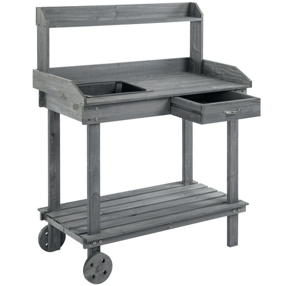 Outsunny 36' Wooden Potting Bench Gray Solid Wood Work Table with 2 Removable Wheels