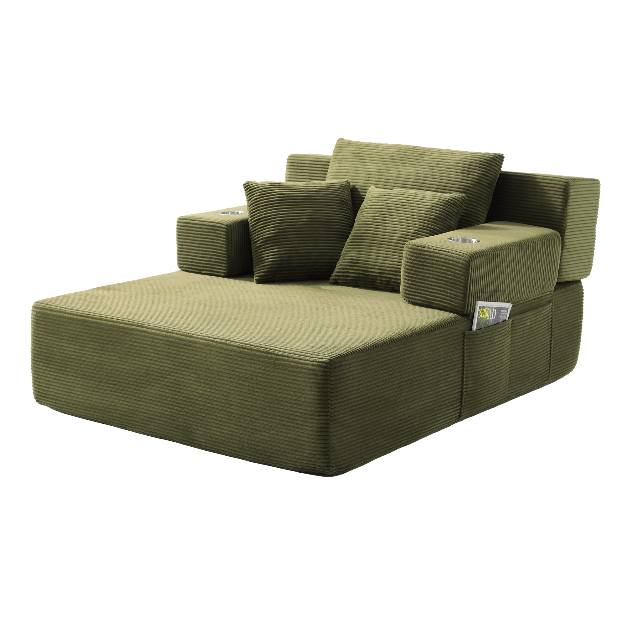 Leumius 70.8'' Oversized Chaise Lounge Chair Indoor,Plush Corduroy Upholstered Cloud Sofa Bed for Living Room,No Assembly Required,Green