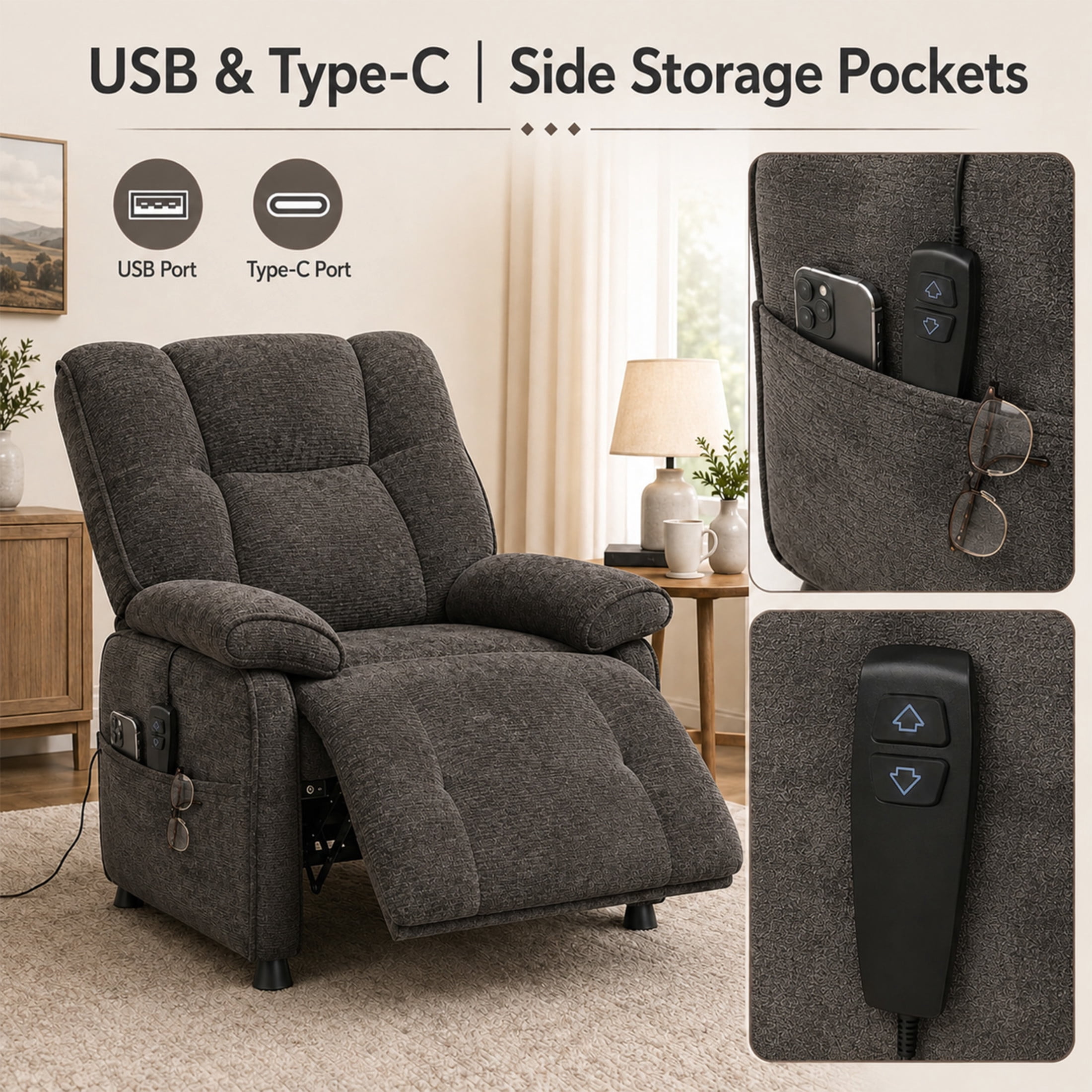 GDF Studio Rosane Electric Power Recliner Chair with Side Storage Pocket, Chenille Multi-Scene Lounge Chair, Dark Grey
