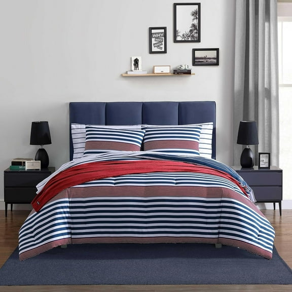 Full/Full/Queen) - Soft Reversible Bedding with Matching Shams - Striped Home Decor (Kennedy Stripe Navy Navy Blue - Comforter Pack