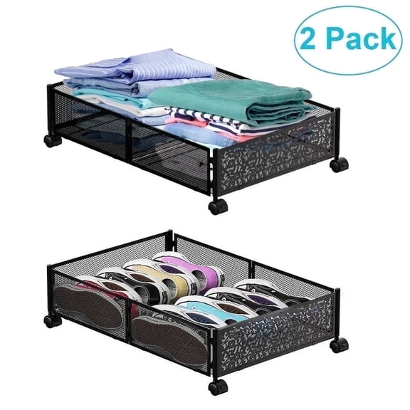 2 Pack Metal Under Bed Storage Containers with Wheels, Stainless Steel Under bed Storage Container, Large Metal Foldable Space-saving Under Bed Drawer Shoe Storage Organizer for Clothes Book Snacks