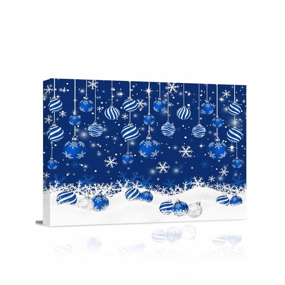 Navy Blue Christmas Balls Canvas Print Wall Art Winter Xmas Ball Snowflakes Scenery Pictures Painting Morden Artwork for Living Room Bedroom, Ready to Hang - 12"x16"