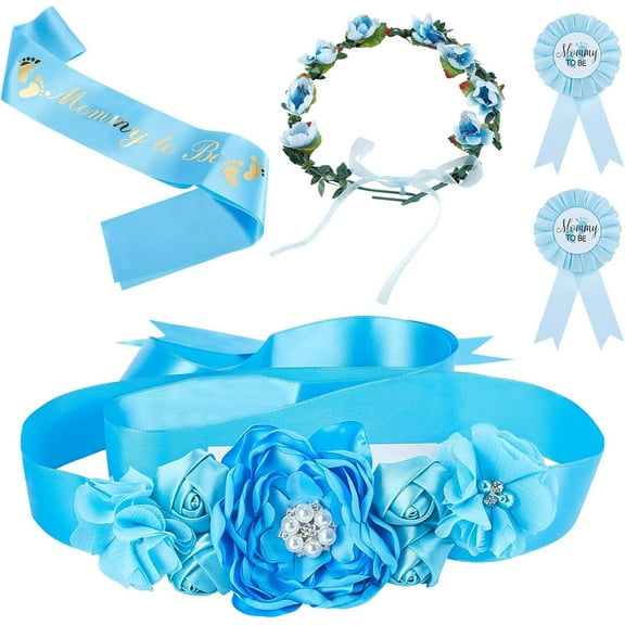 Baby Shower Maternity Sash Kit Baby Shower Sash Gift Mom to Be & Daddy to Be Corsage Set Badge Pins with Blue Flower Crown Belly Belt Pregnancy Sash Decoration Photography Keepsake