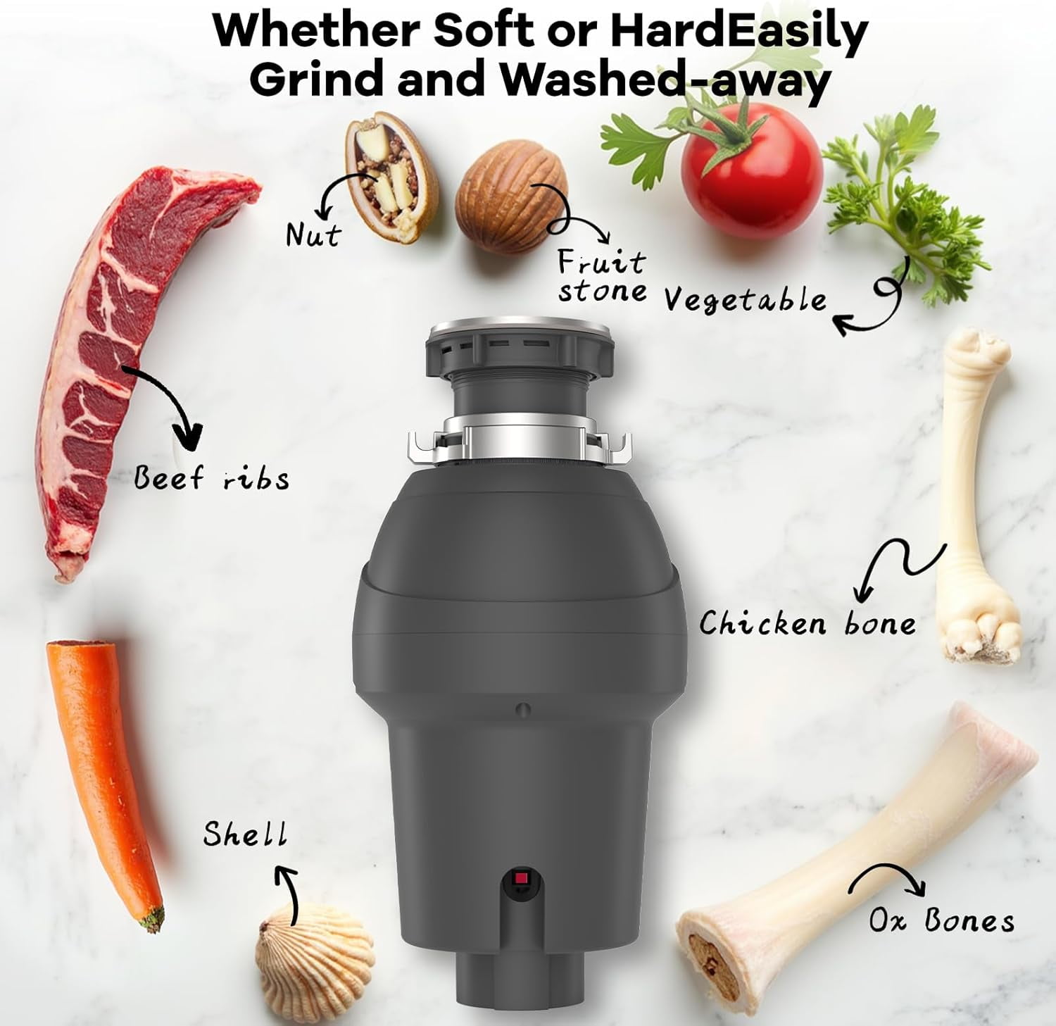 GAOMON 3/4 HP Garbage Disposal with Air Switch, 4-Stage Grinding, 3500 RPM, Quiet Food Waste Disposer, Stainless Steel & ABS, for Kitchen, Gray
