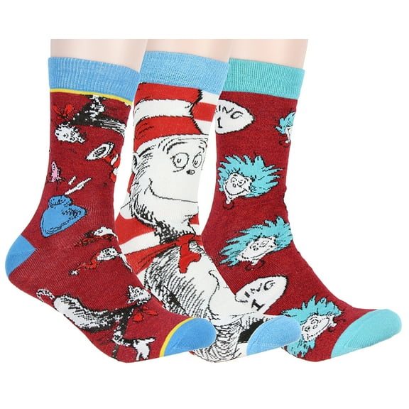 Dr. Seuss Socks Adult Cat In The Hat Thing 1 Thing 2 Character Design 3 Pack Mid-Calf Crew Socks