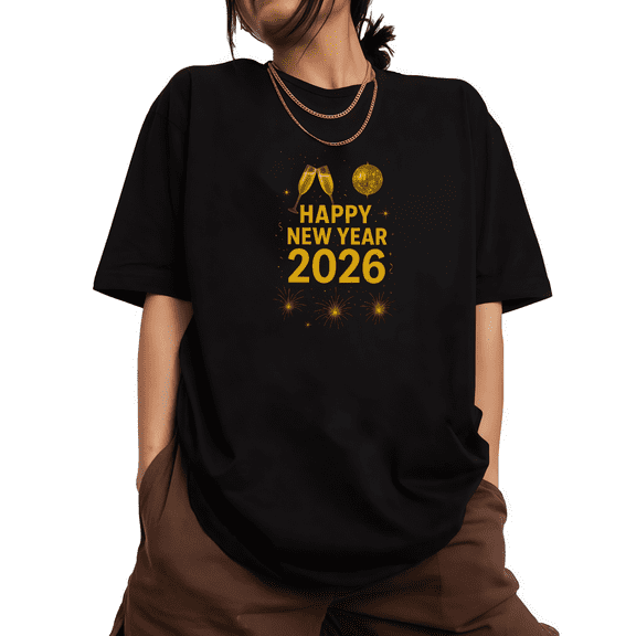 Disco and Wine glass Beautiful 2026 Happy New Year Theme Soft Tee T Shirt Tops Short Sleeve Round Neck Black S-5XL