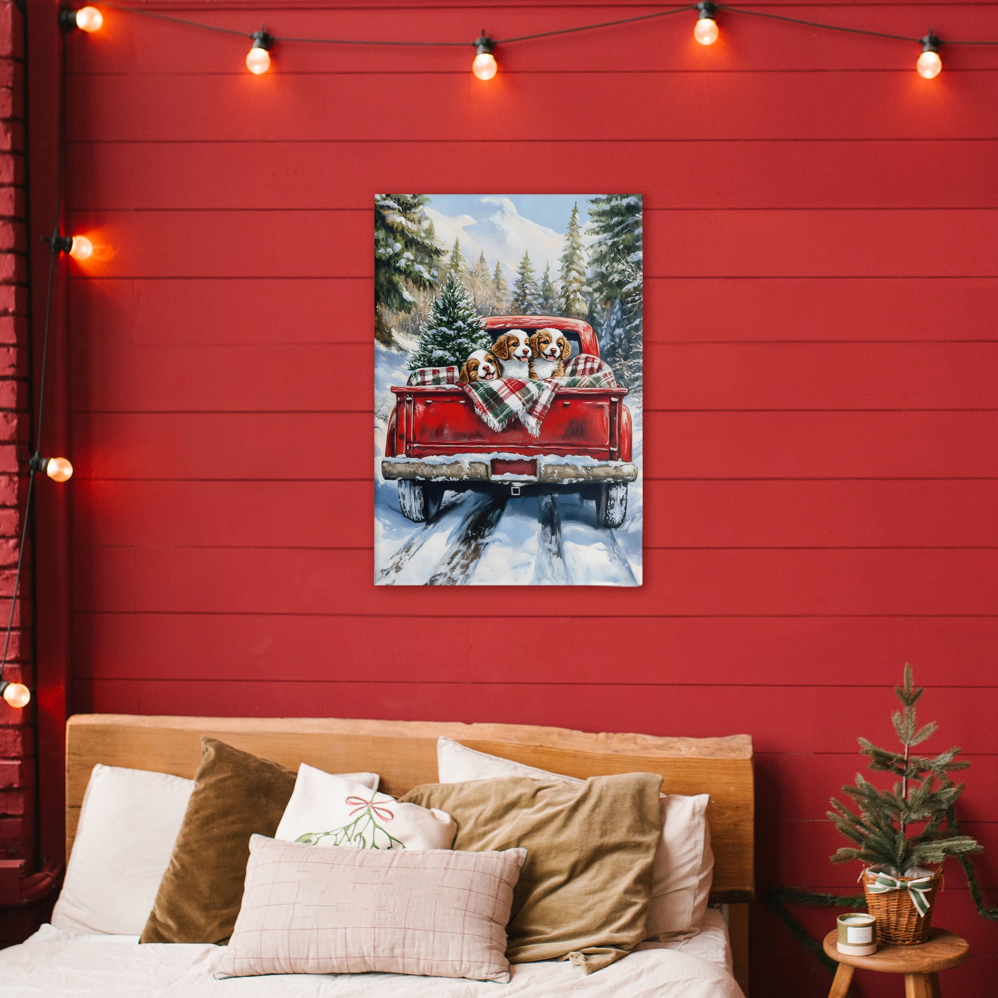 Christmas Truck Pups Trio Canvas Wall Art, design by Petal Prints Design