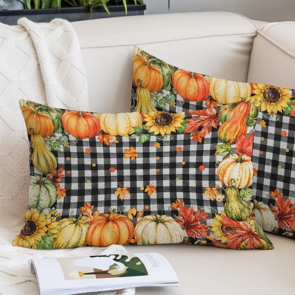 Pumpkins Thanksgiving King Size Pillow Cover, Pillowcase Protectors with Zipper, Breathable Decorative Throw Pillow Case Cover, Fall Checkered Elegant Farmhouse Pillow Shams for Couch Sofa 20x36Inch