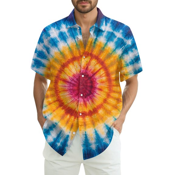 Xyxonk Tie Dye Printed Hawaiian Shirt for Men Short Sleeve V Neck T-Shirts Summer Casual Button Down Vacation Beach Clothes Sky Blue L