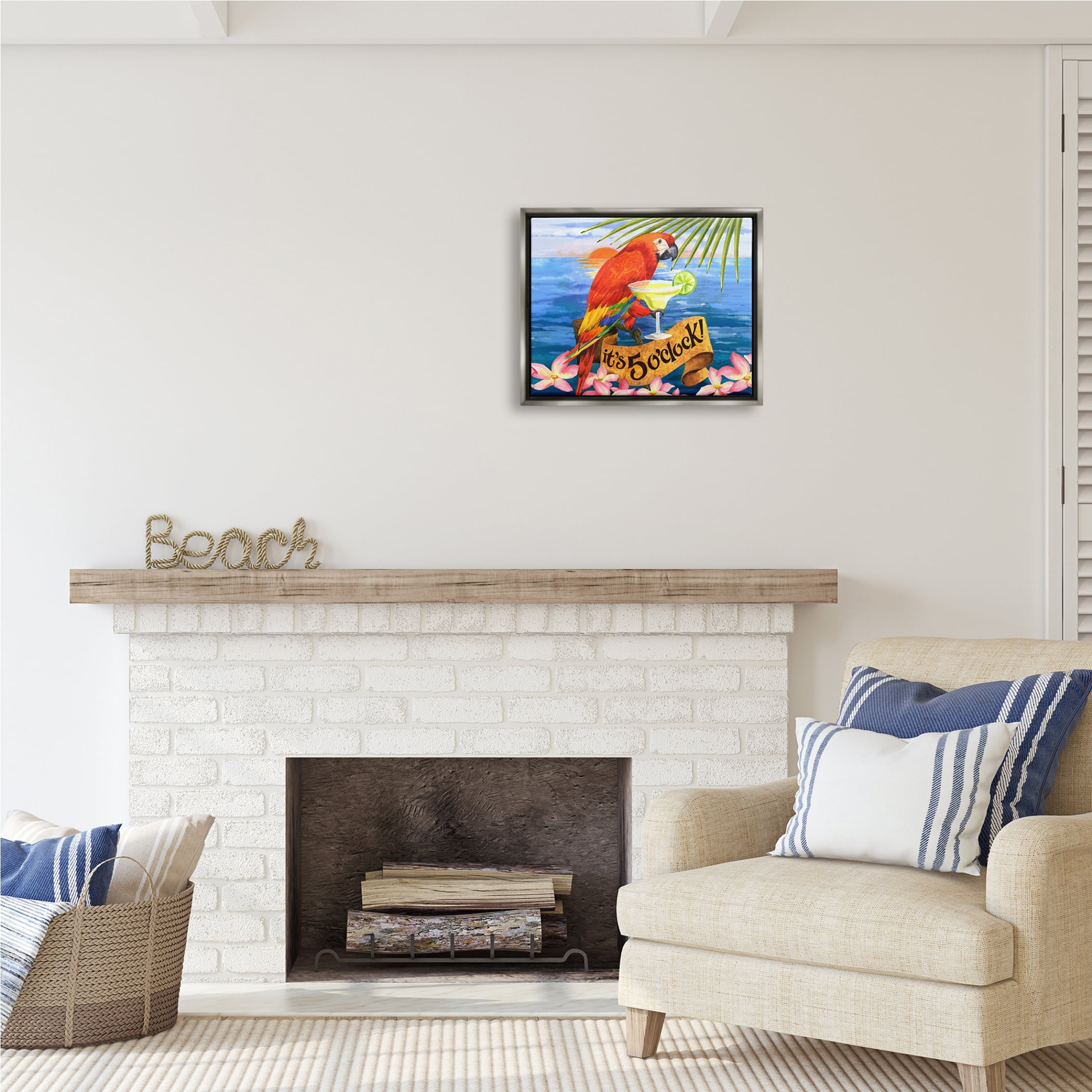 Stupell Industries Tropical Parrot with Cocktail Animals & Insects Painting Gray Floater Framed Art Print Wall Art, 21 x 17