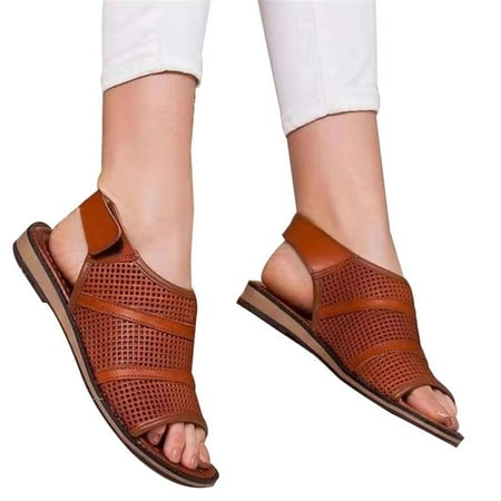 

Women Breathable Mesh Flat Sandals PU Leather Open Toe Summer Daily Beach Sandals New