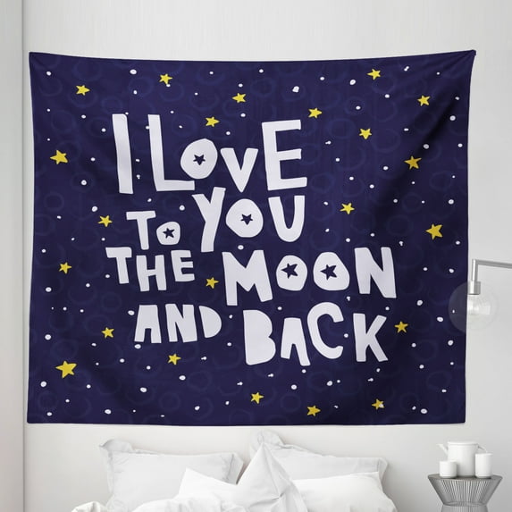 Starry Sky Tapestry, Stars Cartoon Style Love Affection Pattern, Fabric Wall Hanging Decor for Bedroom Living Room Dorm, 5 Sizes, Dark Blue Grey Multicolor, by Ambesonne