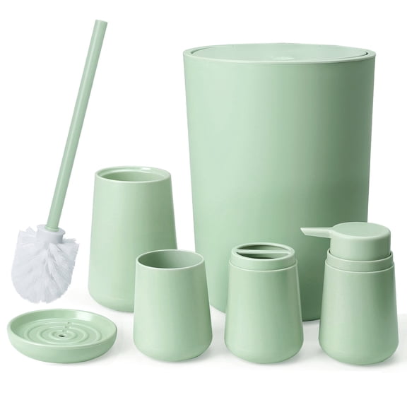CERBIOR Bathroom Accessory Set 6 Piece Bathroom Set Soap Dispenser Toothbrush Holder Cup Soap Dish Toilet Cleaning Brush Push Down Trash Can, Green