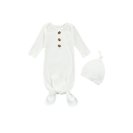 

Newborn Baby Boy Girl Solid Color Knotted Gowns Buttoned Long Sleeve Printed Sleeping Bag Nightgown Pajamas Hat Set