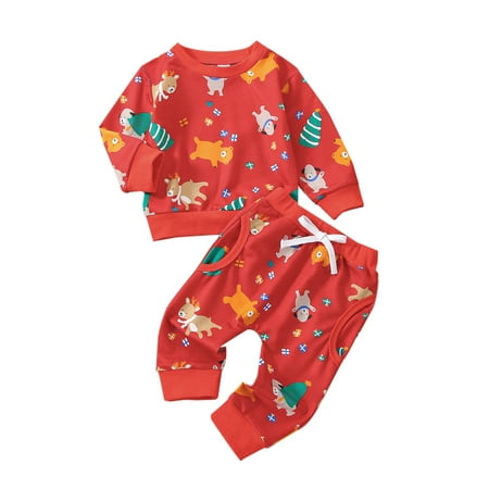 

Infant Girls Boys Christmas Outfit Elk Christmas Tree Animals Print Long Sleeve Tops + Elastic Waist Pants 2 Pieces Set
