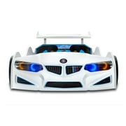 Super Car Bed Racing (White) GT1 Model Twin Size Bed Frame Electric Start Remote and Sound (White) FREE MATTRESS!