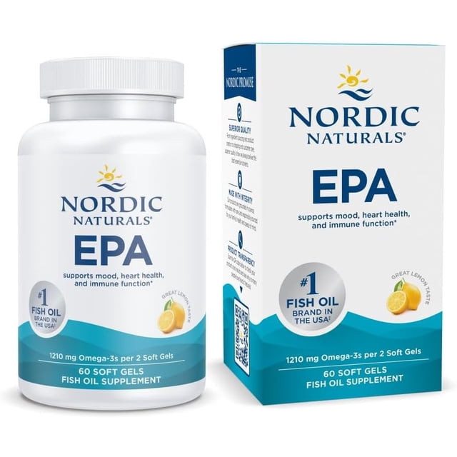 nordic naturals suplemento alimenticio de epa, 60 cápsulas — frasco y caja blancos con logotipo Nordic Naturals y texto EPA en azul; etiqueta indica 60 cápsulas blandas de aceite de pescado purificado, fuente de EPA y DHA, sello #1 Fish Oil Brand y pequeña ilustración de limón, encuadre frontal sobre fondo claro.