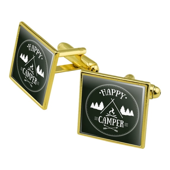 Happy Camper with Campfire Square Cufflink Set - Silver or Gold