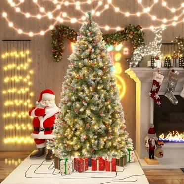Gymax 6.5 FT Pre-Lit Christmas Tree Artificial Hinged Christmas Tree w/ 420 Warm-White LED Lights & 909 Branch Tips