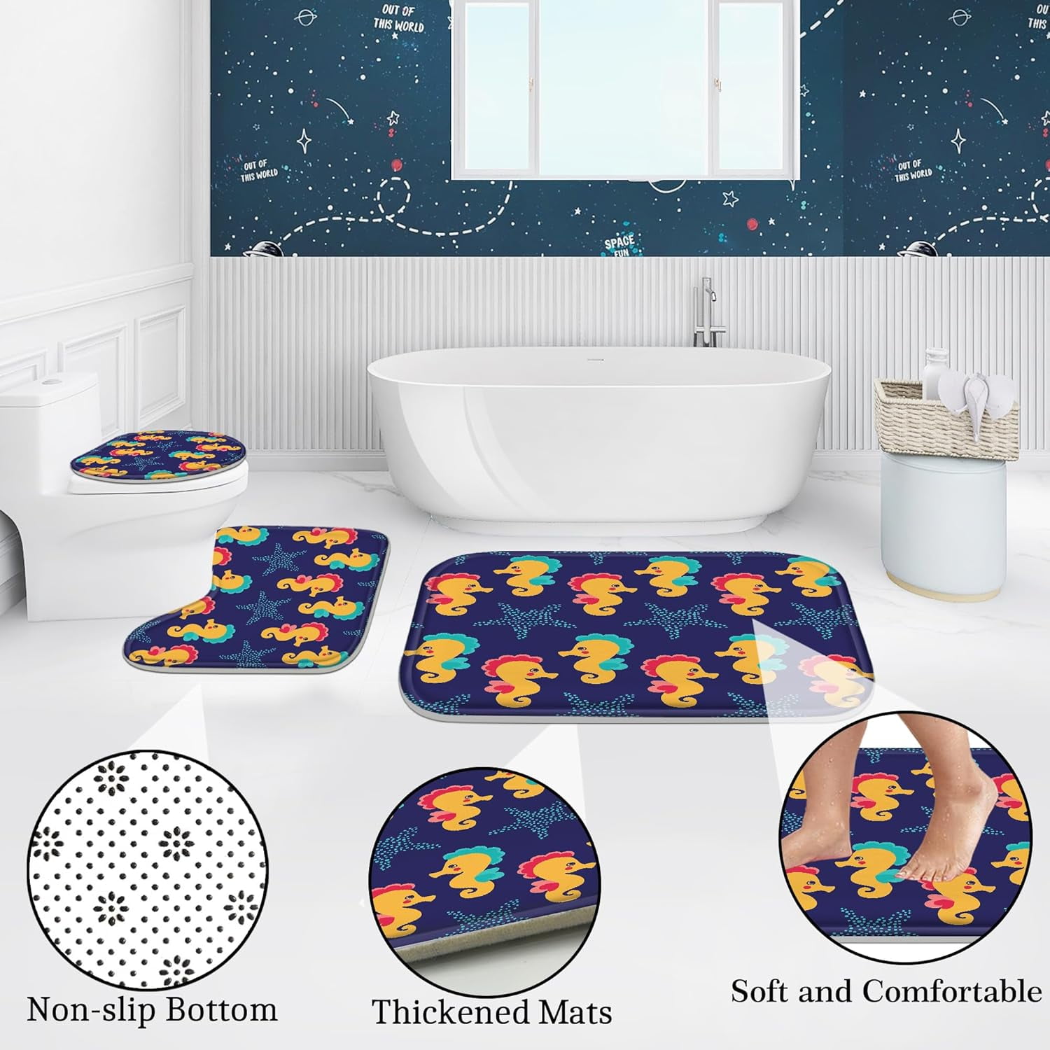 4 Pcs Bathroom Shower Curtain Set,Kid's Bathroom Set,Baby Octopus Shower Curtain Sets with Rugs(Bath Mat,U Shape and Toilet Lid Cover Mat) and 12 Hooks