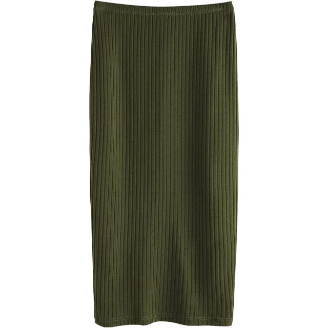 Women's Basic Plain Stretchy Ribbed Knit Split Full Length Skirt Verde militar G Verde militar G Xishao ropa
