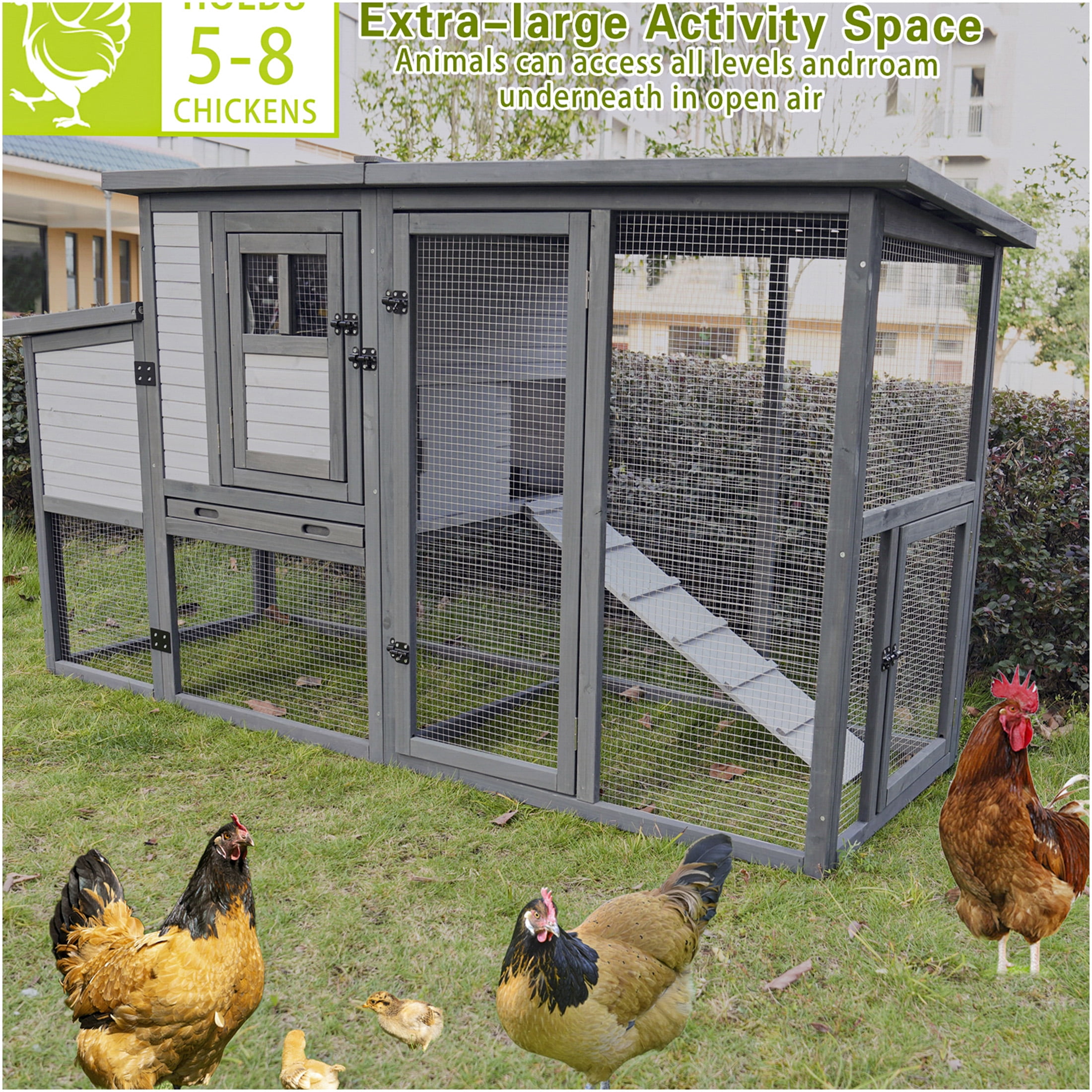 JERFIT 79 Inch Large Outdoor Chicken Coop with Waterproof Asphalt Roof, 2 Nesting Boxes, Upgraded Perches & Removable Floor for Easy Cleaning, Wooden Poultry Duck Rabbit Hutch House, Blue Grey