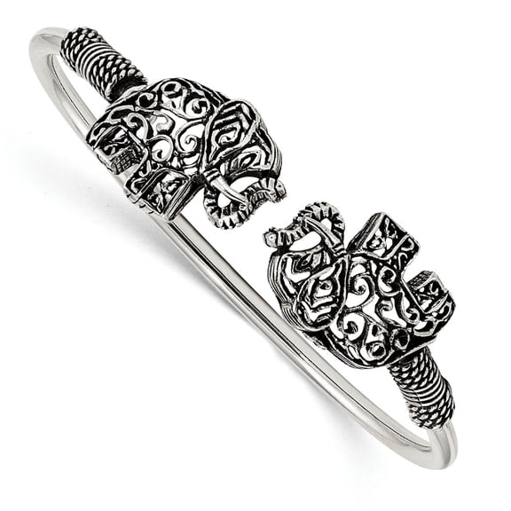 White Sterling Silver bracelet Bangle 2.8 mm Polished Antiqued Filigree Elephants Flexible