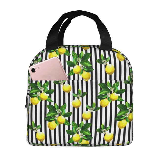 Easygdp Lemons on Striped Bolsa Térmica Premium - Tela Oxford Impermeable, Gran Capacidad, Bolsillo Frontal, Unisex para Trabajo, Escuela, Actividades al Aire Libre y Picnics