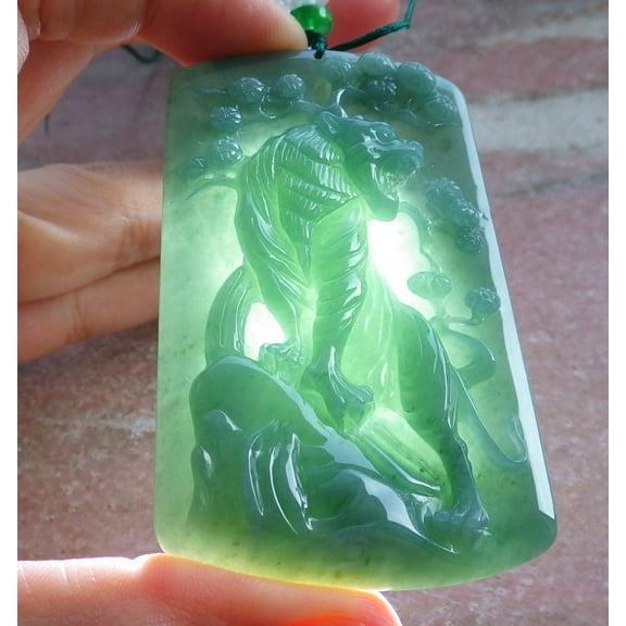Icy Green Natural A Jade jadeite Pendant Tiger Tree Necklace 683801 TN